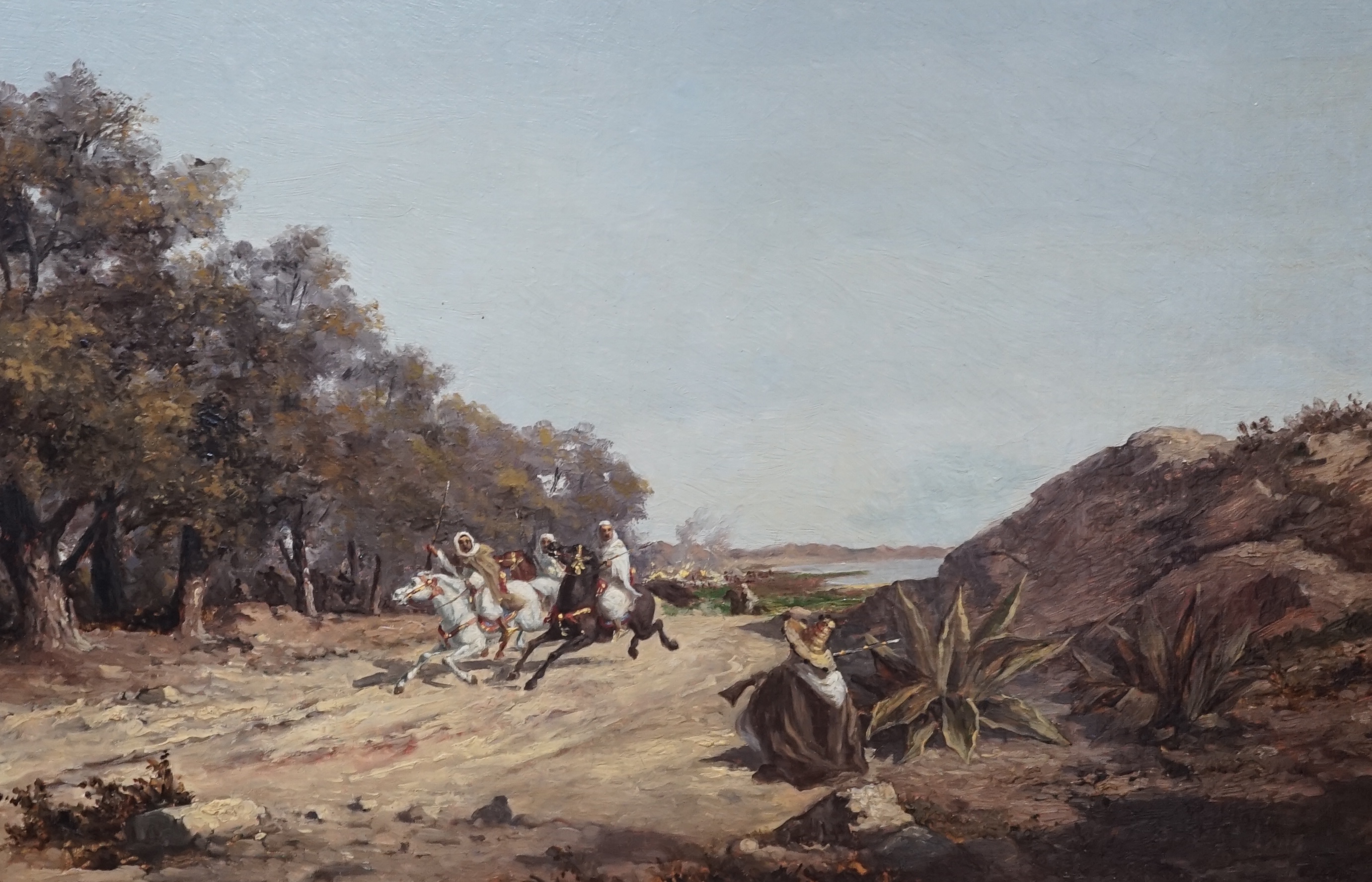 P. Long, oil on board, Arab scene with figures on horseback, 37 x 54cm. Condition - good, chips to the frame